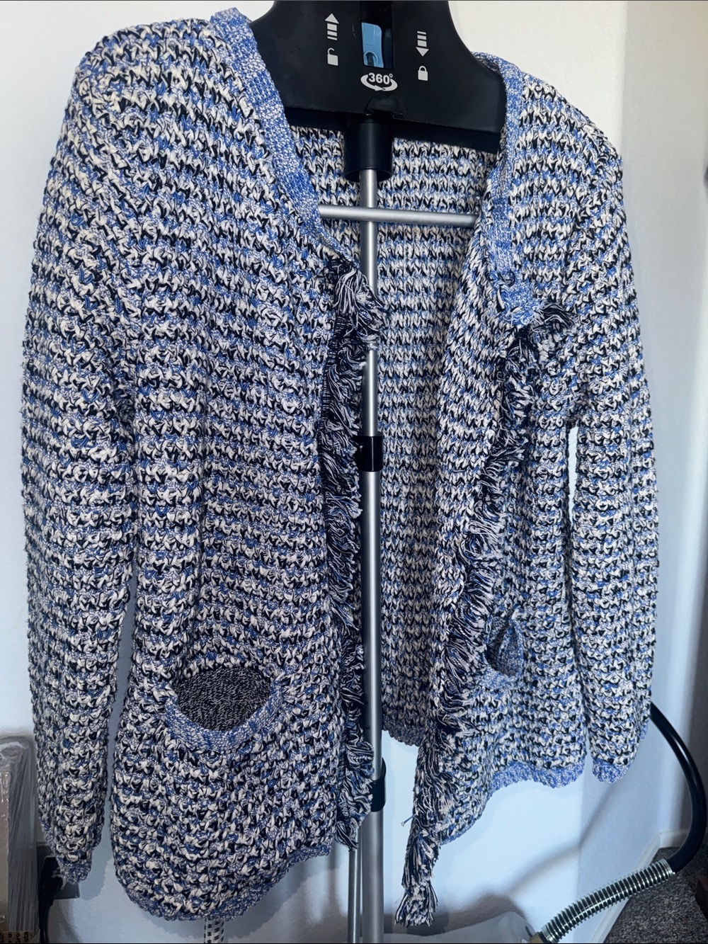 Thick Knitted Blue and White Marled Open-Front Cardigan Sweater
